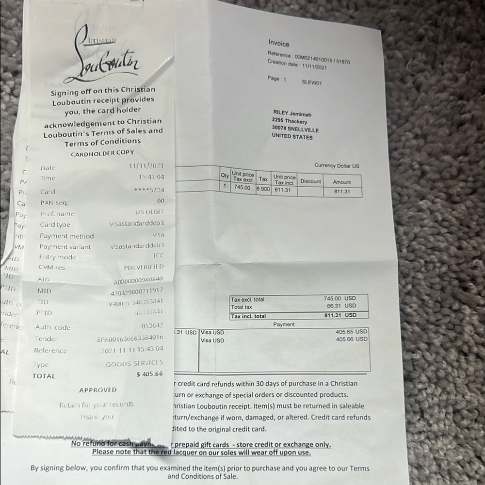 Christian Louboutin Purchase Invoice